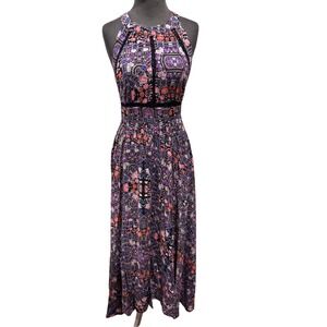 JAASE Floral Paisley Halter Maxi Dress Purple Pink Crochet Lace Open Back Large